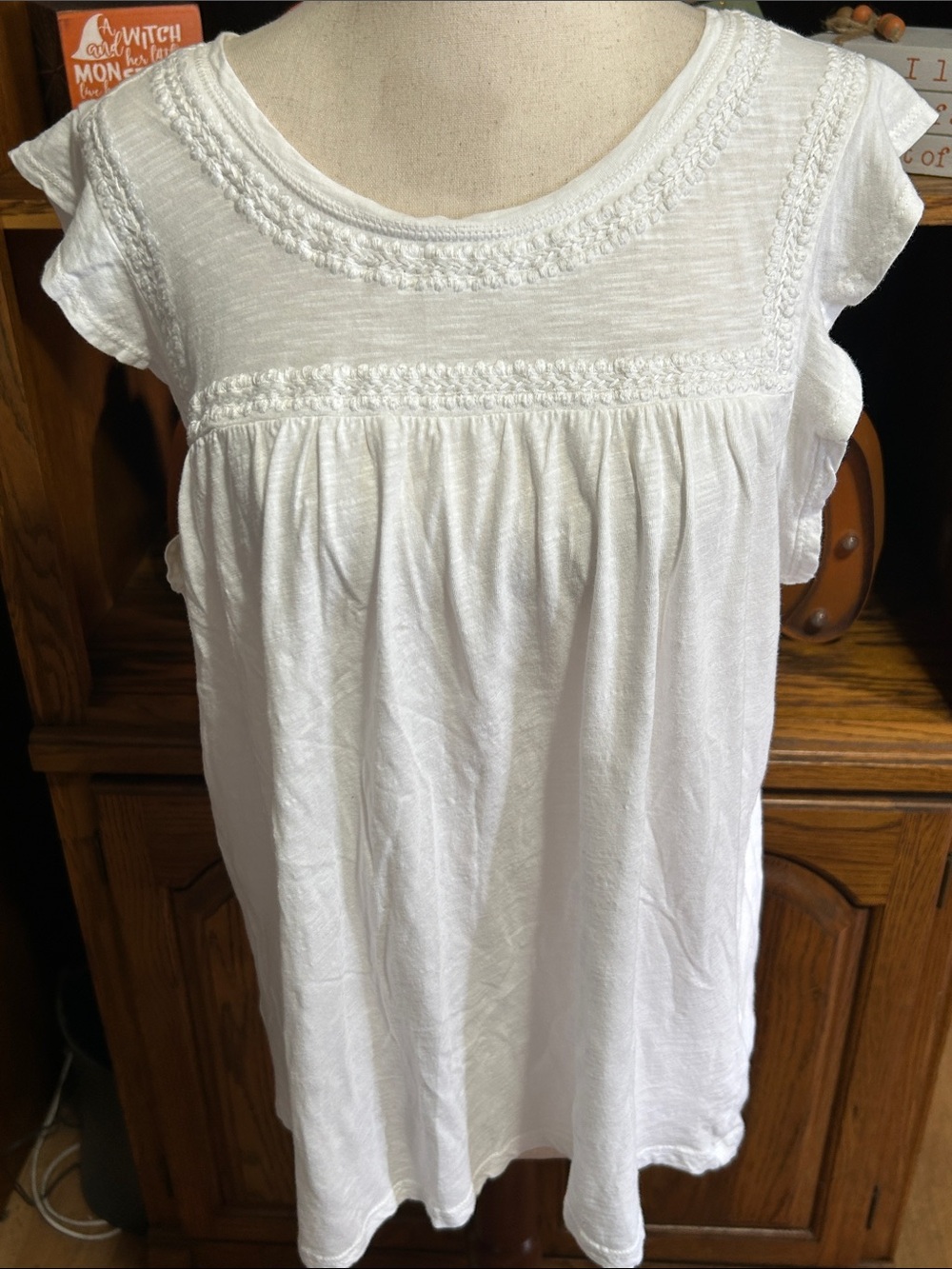 Lucky Brand White Crochet-Trim Short Sleeve Tee Large